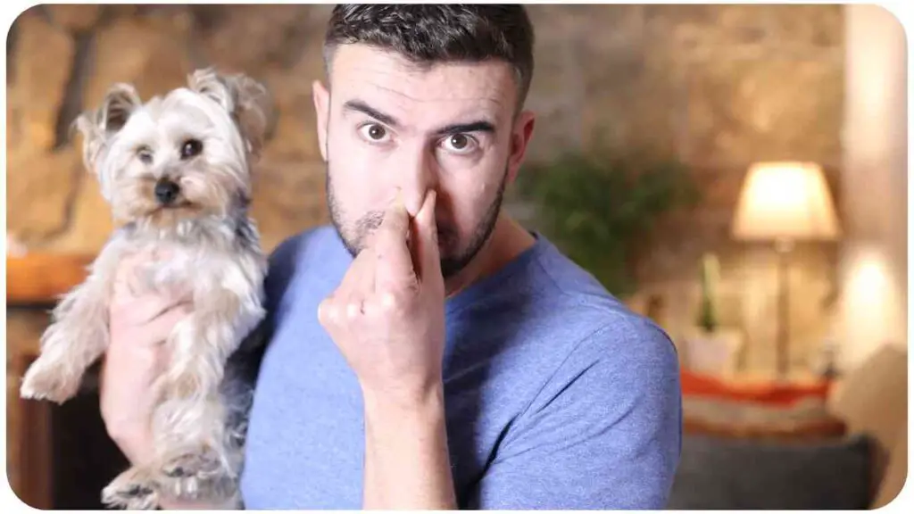a person is holding their nose while holding their dog