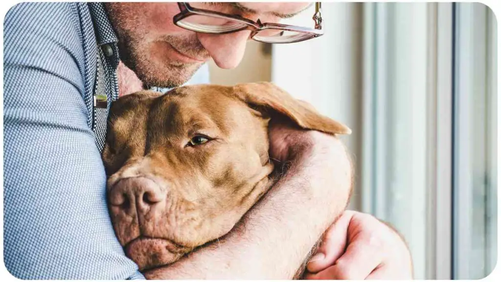 a person is hugging a dog in front of a window.