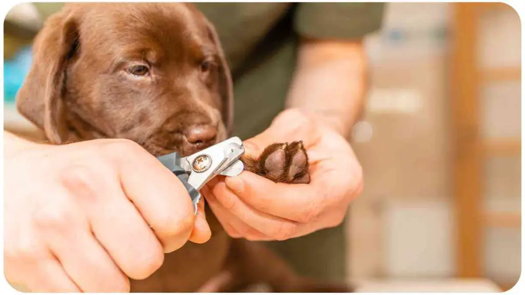 a person holding a pair of scissors to a brown puppy