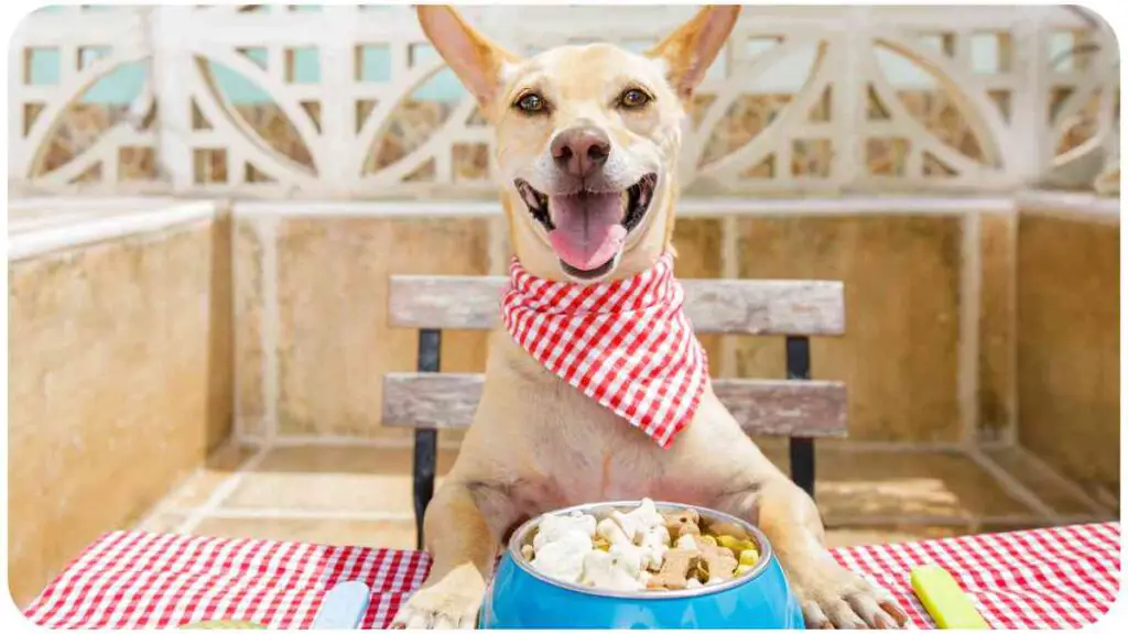 a dog sitting at a table with a bowl of food