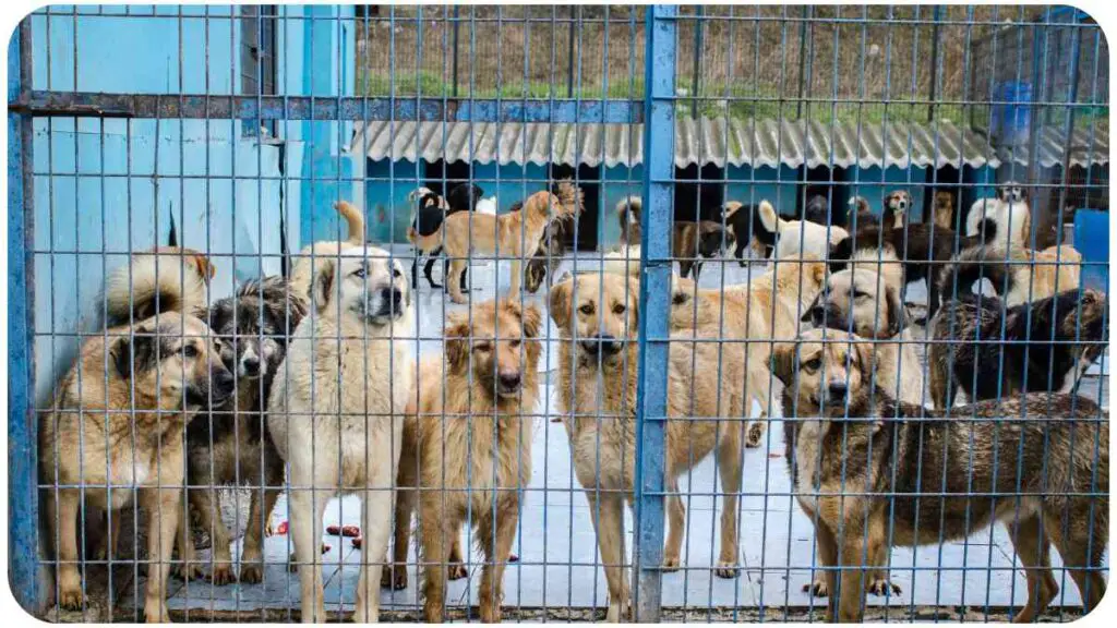 a group of dogs in a cage