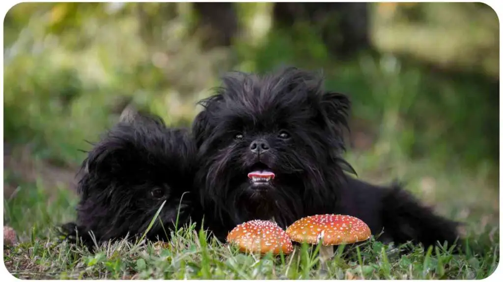 two small dogs with mushrooms in the grass