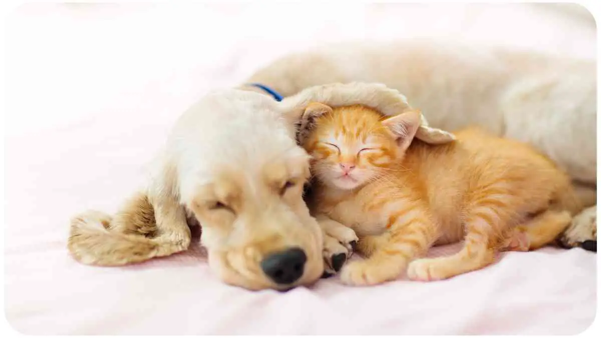 a dog and cat sleeping together on a bed