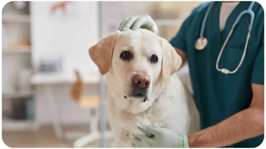 a vet examining a labrador retriever