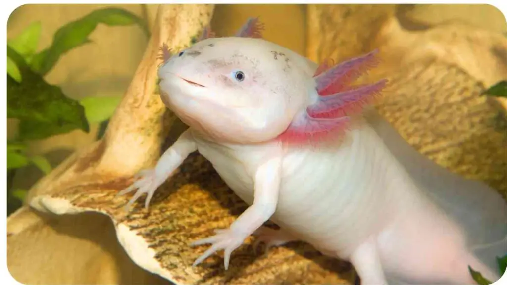 an axolotl is sitting on a log