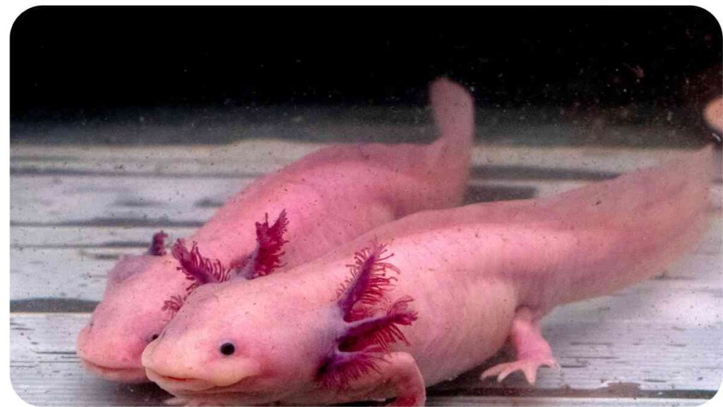 two pink axolotls sitting on top of each other
