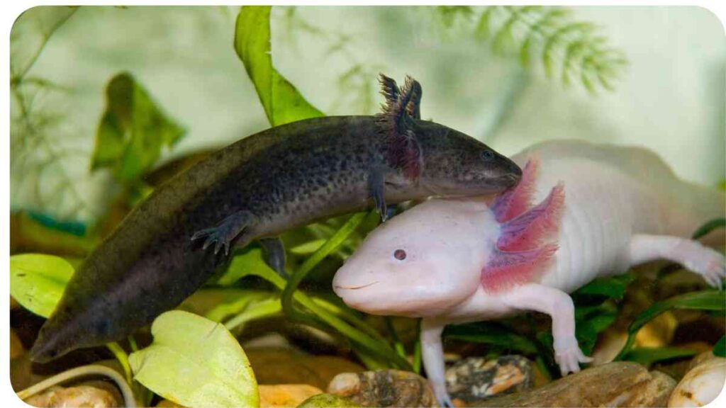 two axolotls in an aquarium with plants