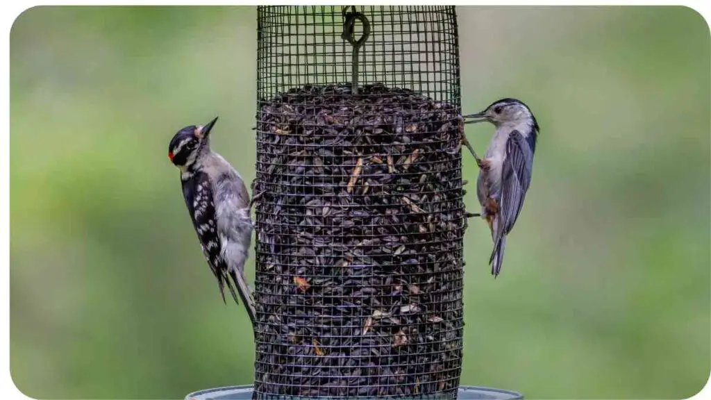 two birds eating from a bird feeder