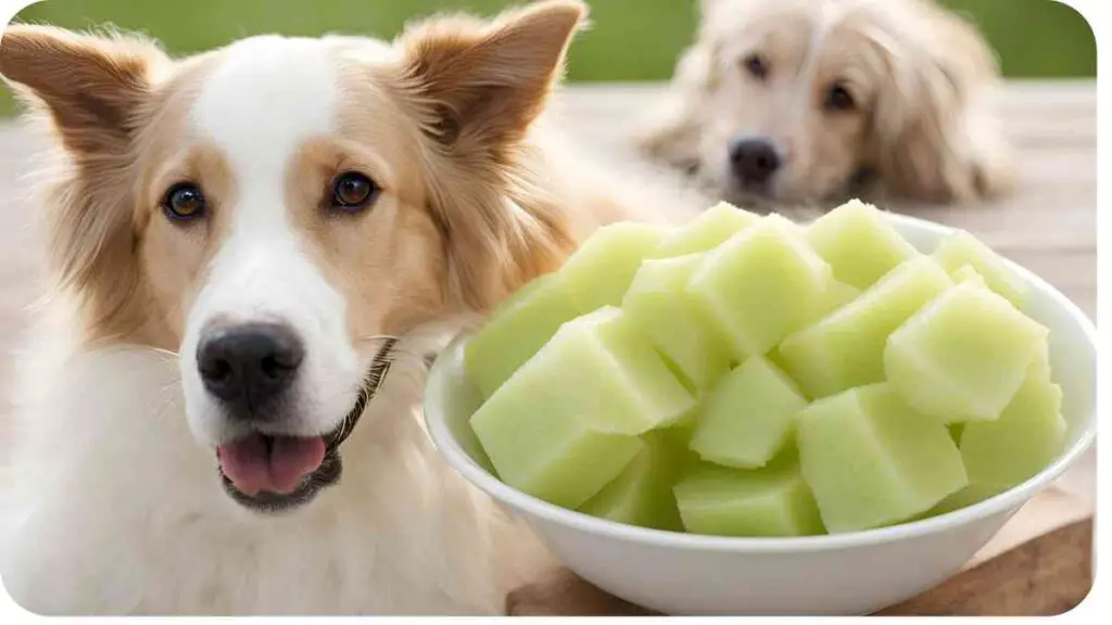 two dogs sitting next to a bowl of melon cubes