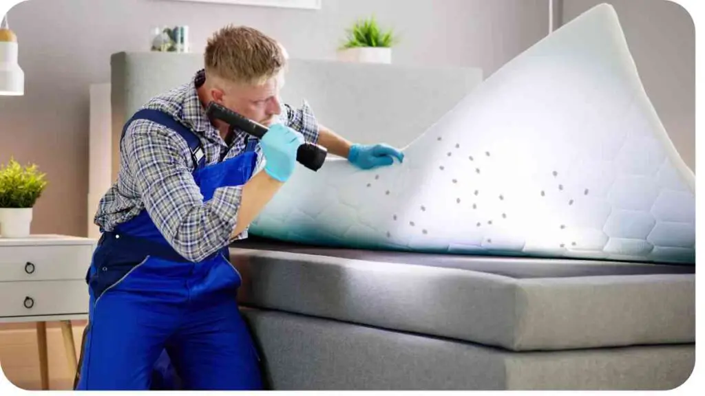 a person in blue overalls using a vacuum to clean a mattress