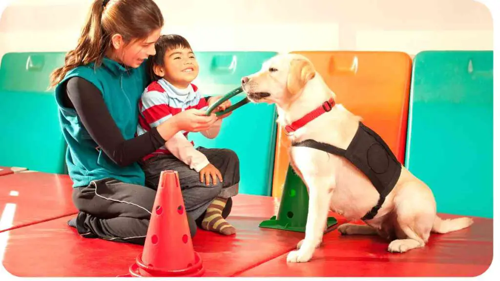 a person and a child petting a dog in an indoor play area