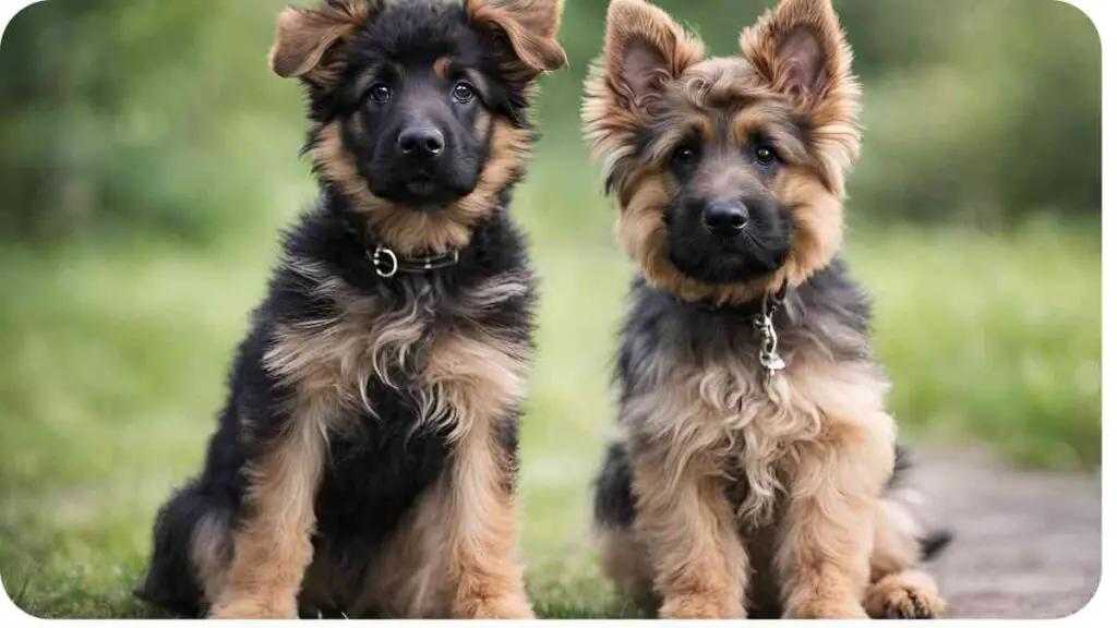 two german shepherd puppies sitting on the grass