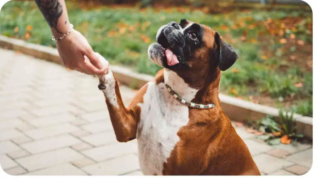 a boxer dog is shaking hands with a person