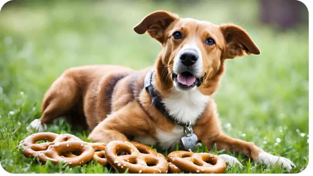 a dog laying on the grass with pretzels