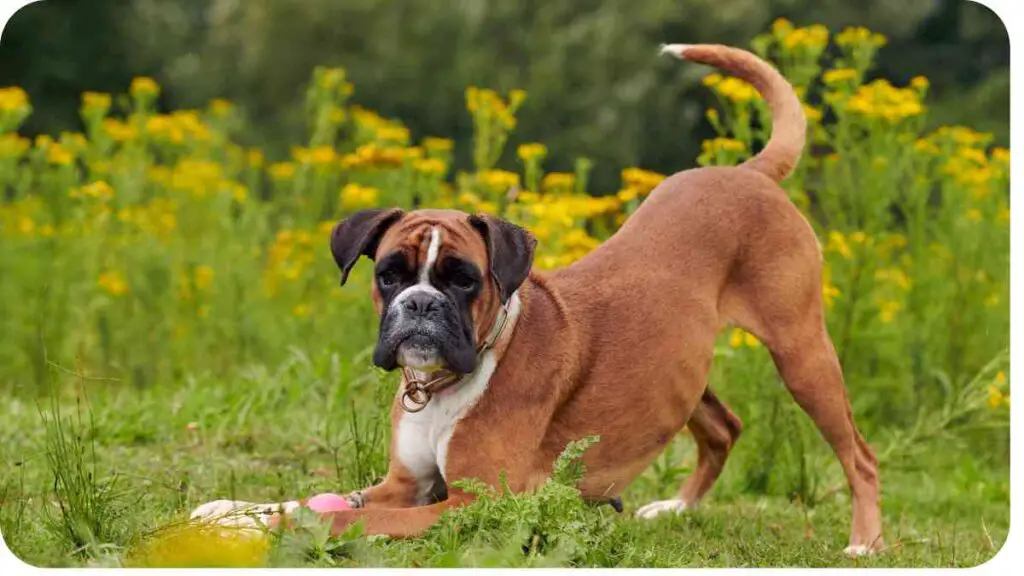 a boxer dog in a field with yellow flowers