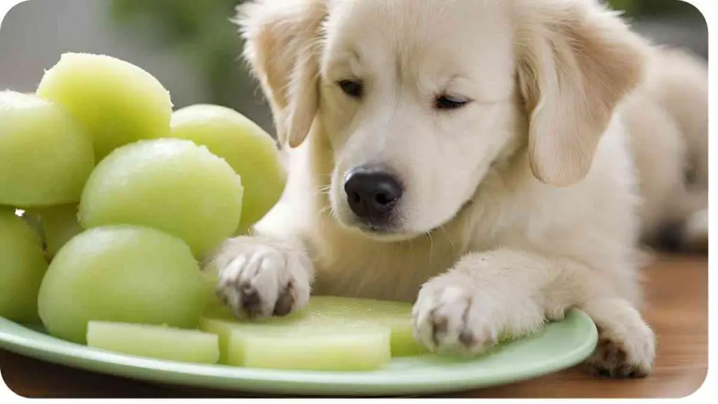 puppy eating melon on a plate