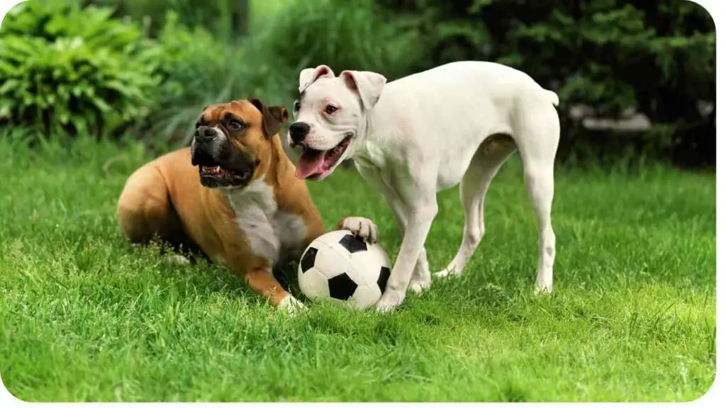 two dogs playing with a soccer ball in the grass