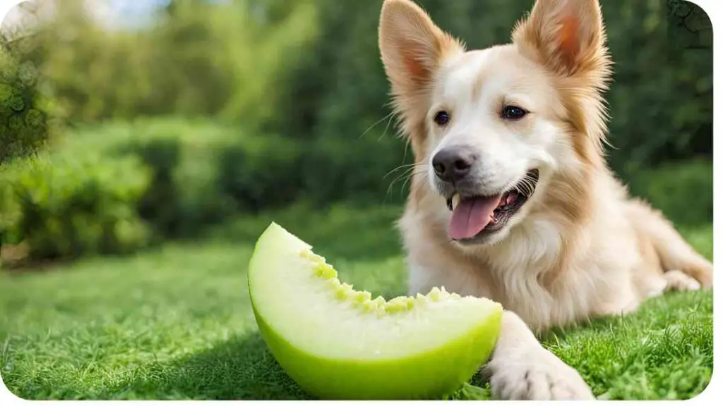 a dog laying on the grass with a piece of watermelon in its mouth