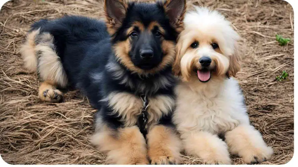 two german shepherds laying together on the ground