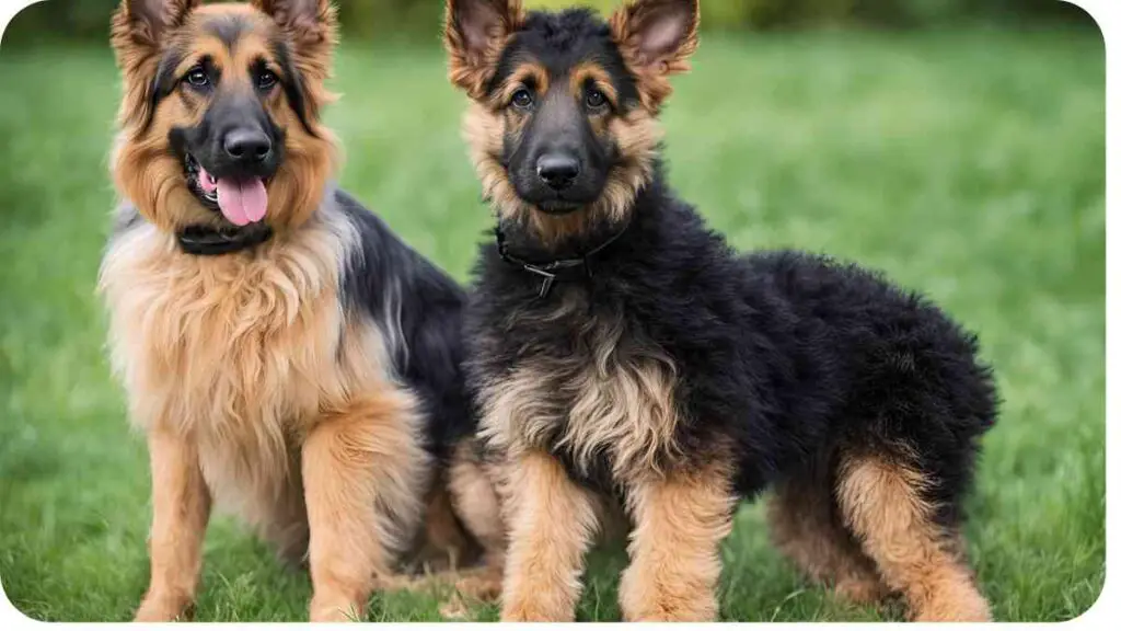 two german shepherds standing in the grass