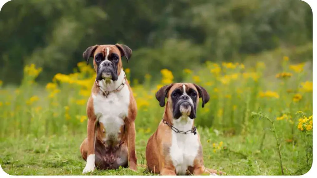 two brown and white boxer dogs sitting in the grass