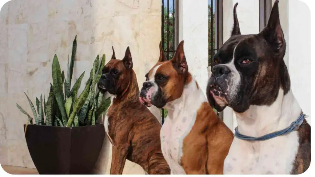 three boxer dogs sitting in front of a potted plant