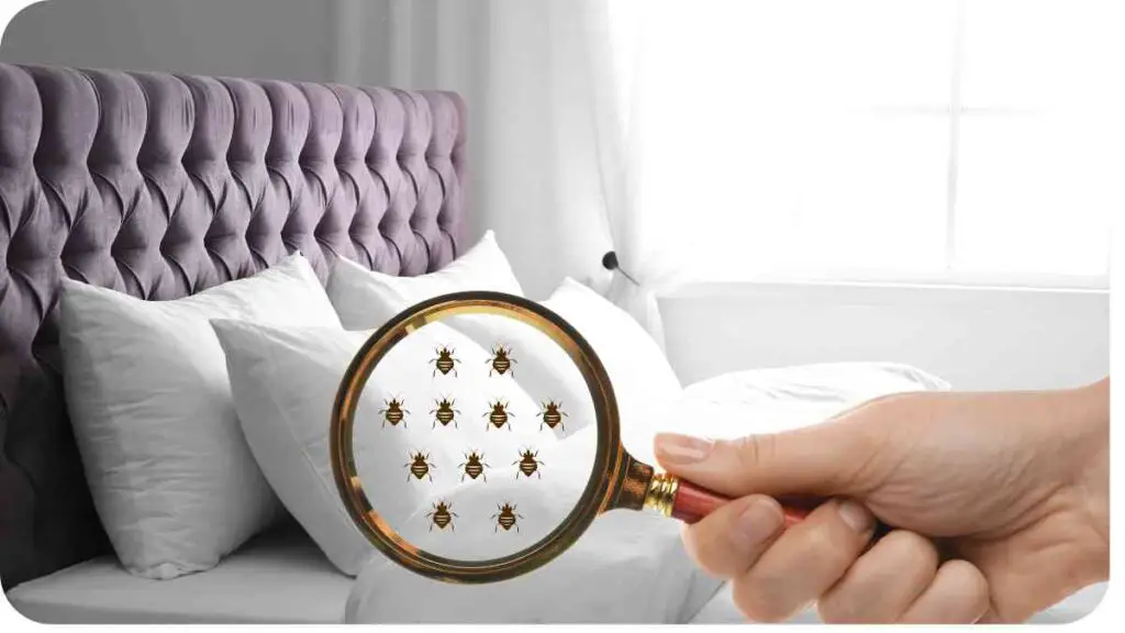 a person holding a magnifying glass over a bed