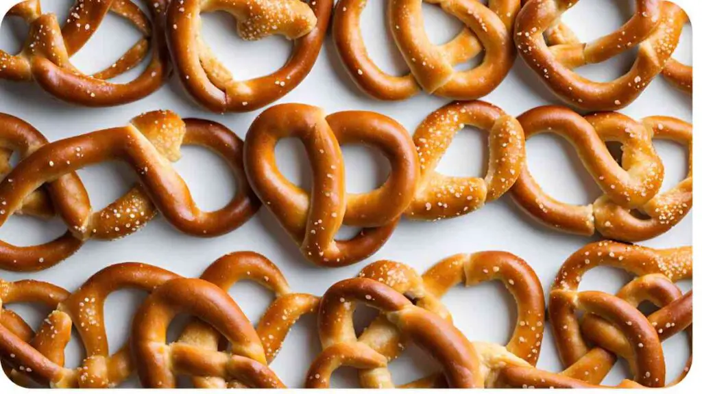 many pretzels are arranged in a circle on a white surface