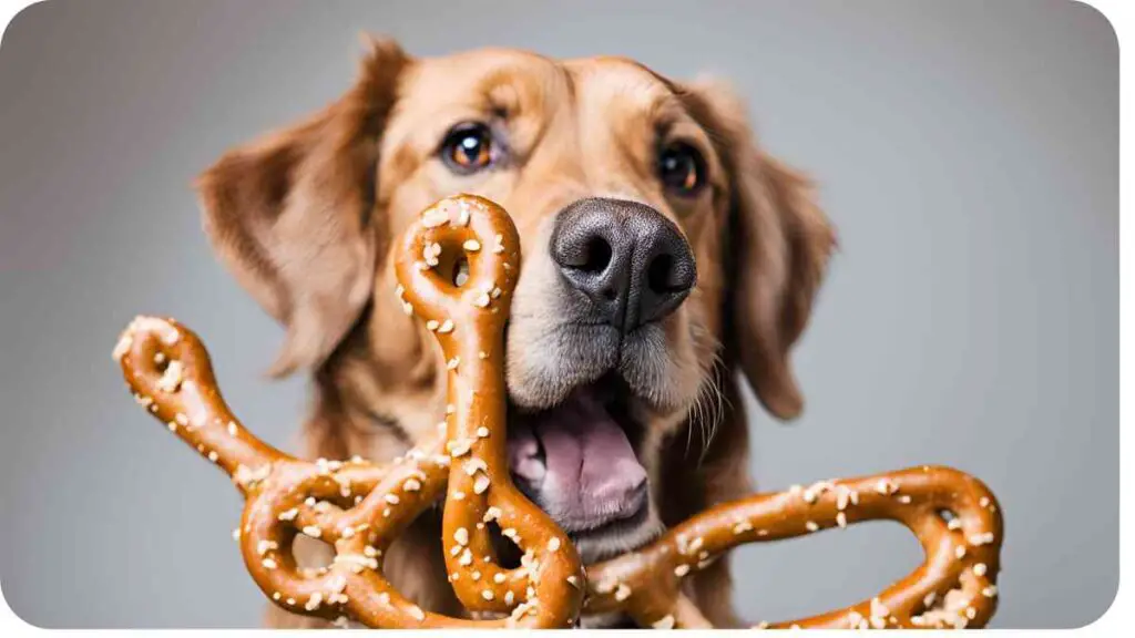 a golden retriever holding a pretzel in its mouth