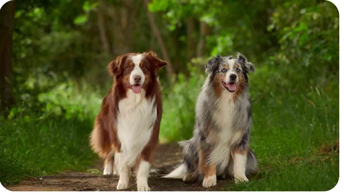 Two Australian shepherds on a path in the woods.