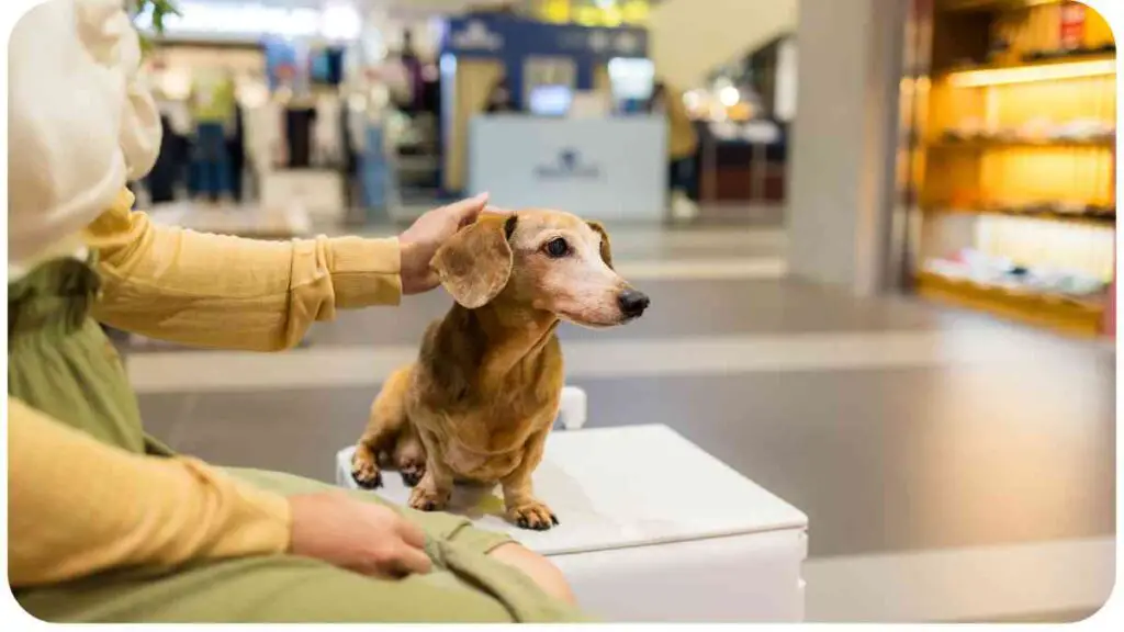 a person is petting a dog in a mall