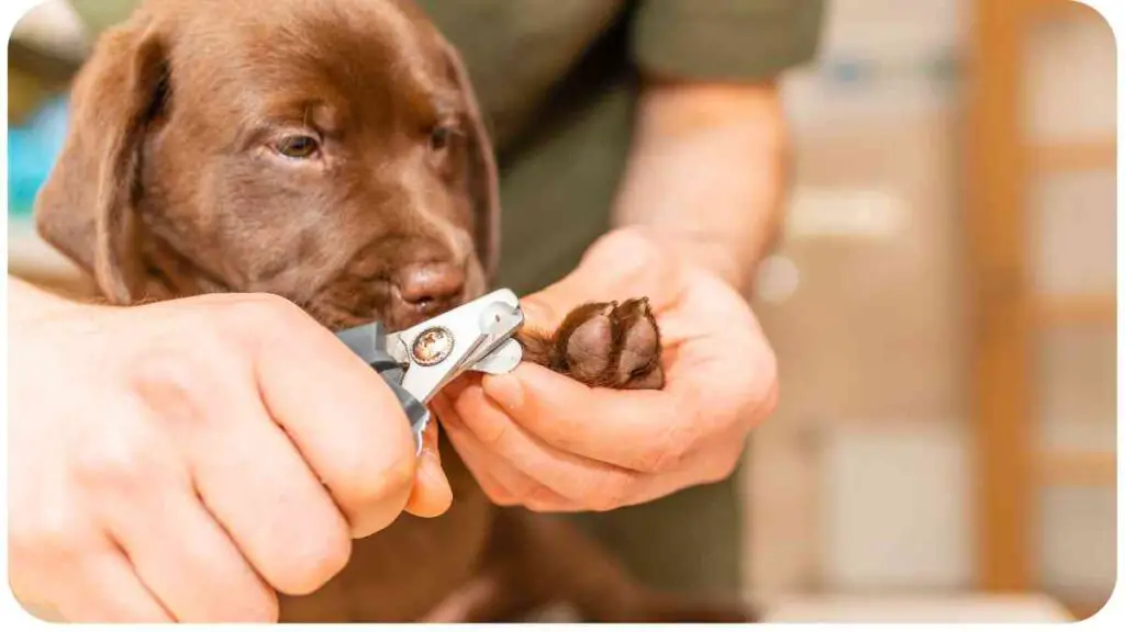 A puppy being groomed by a person