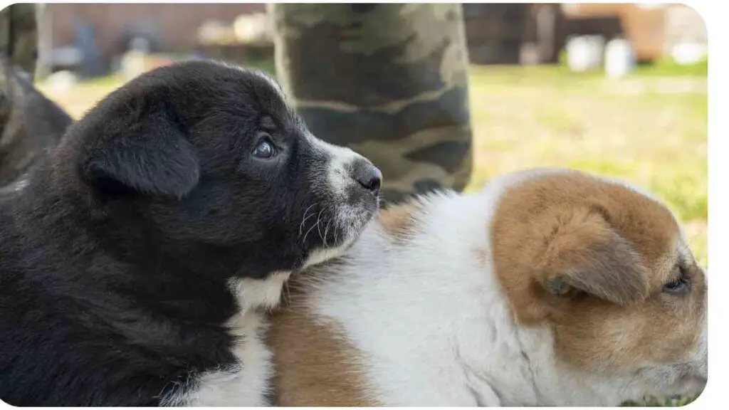 two puppies are laying on the grass next to each other