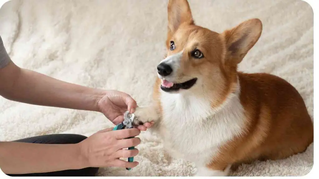 a corgi dog being groomed by a person