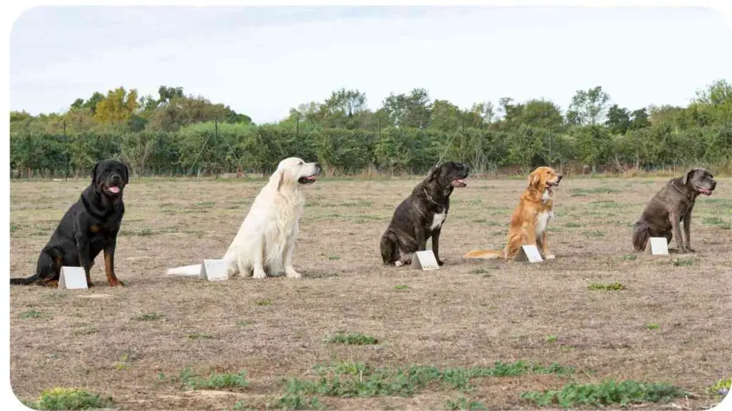 a group of four dogs sitting in a field