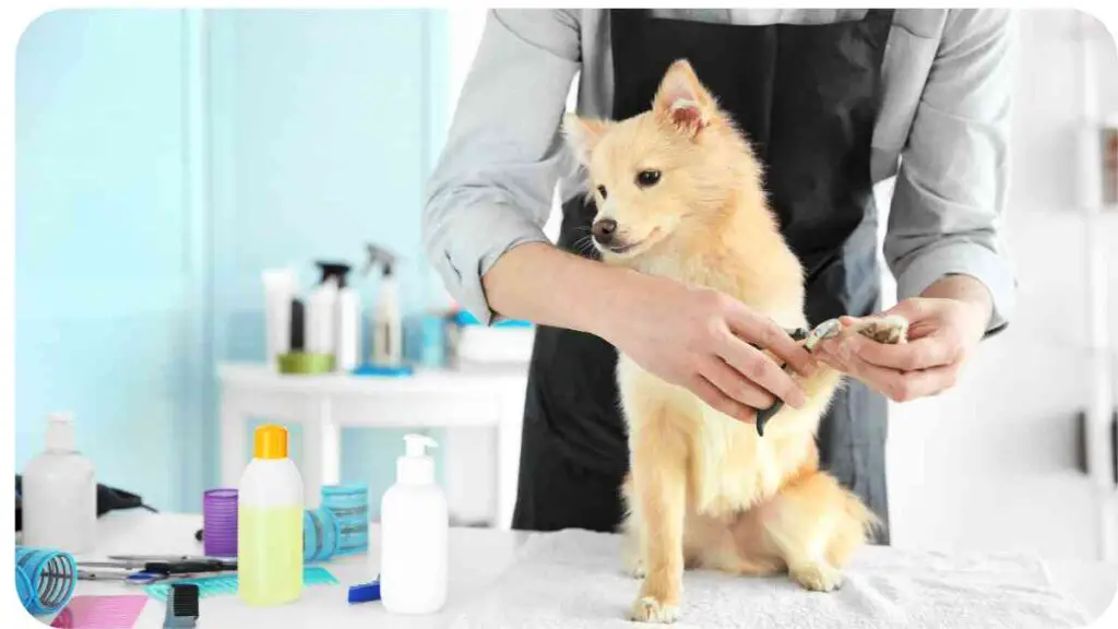 a dog being groomed by a person in a salon