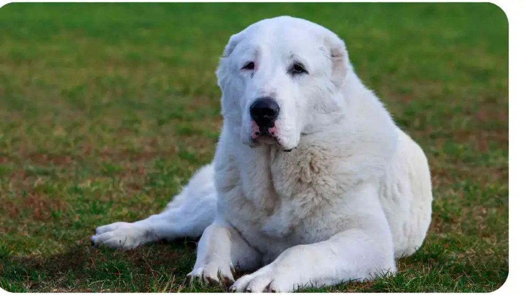 a large dog laying in the grass