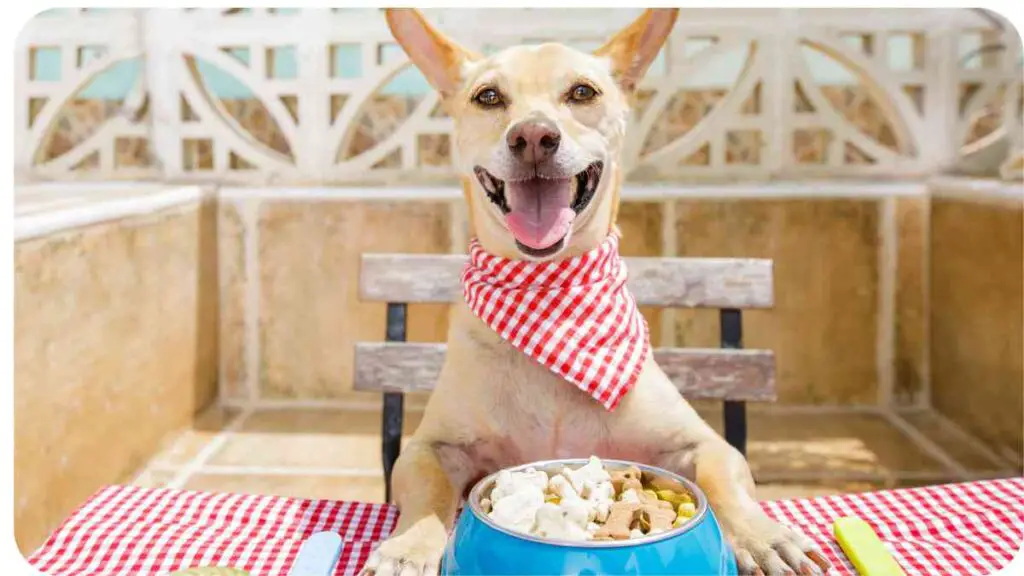 a dog sitting at a table with a bowl of food