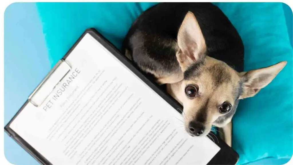 a chihuahua laying on a pillow next to a clipboard