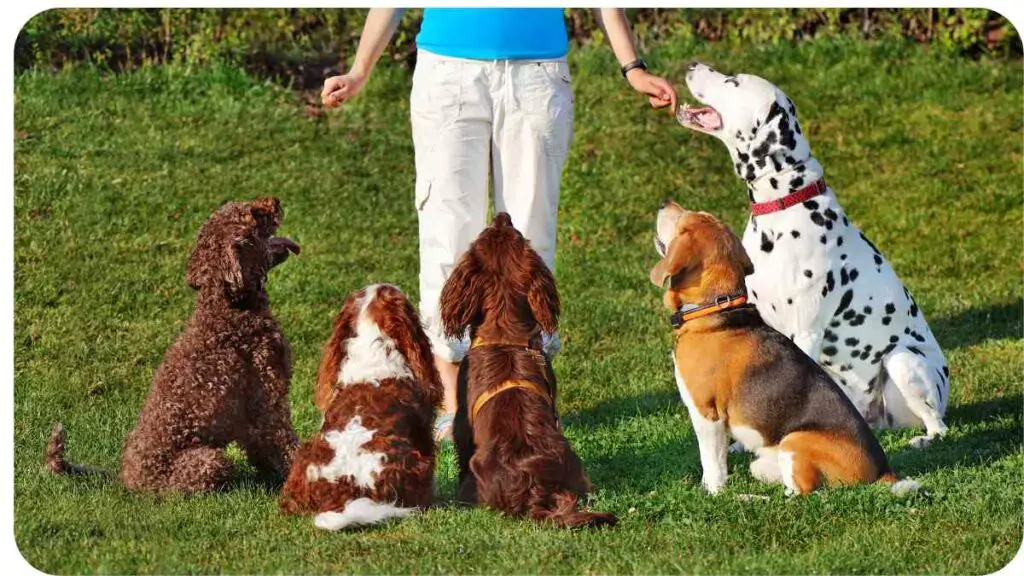 a person is standing in front of a group of dogs