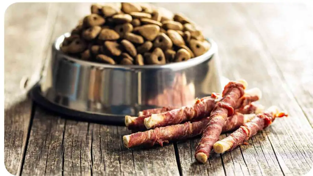 a bowl of dog food and sticks on a wooden table