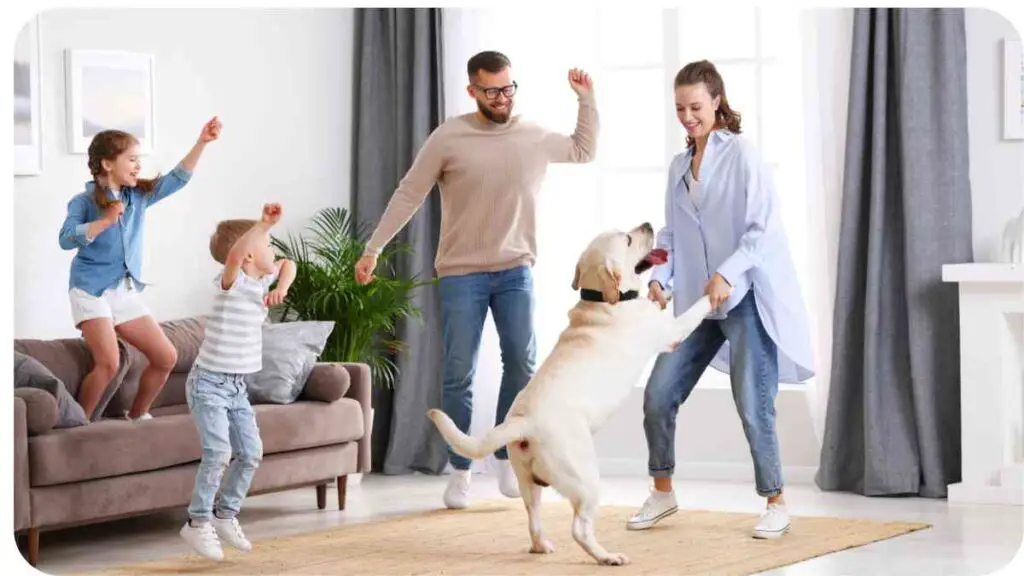 a family playing with their dog in their living room