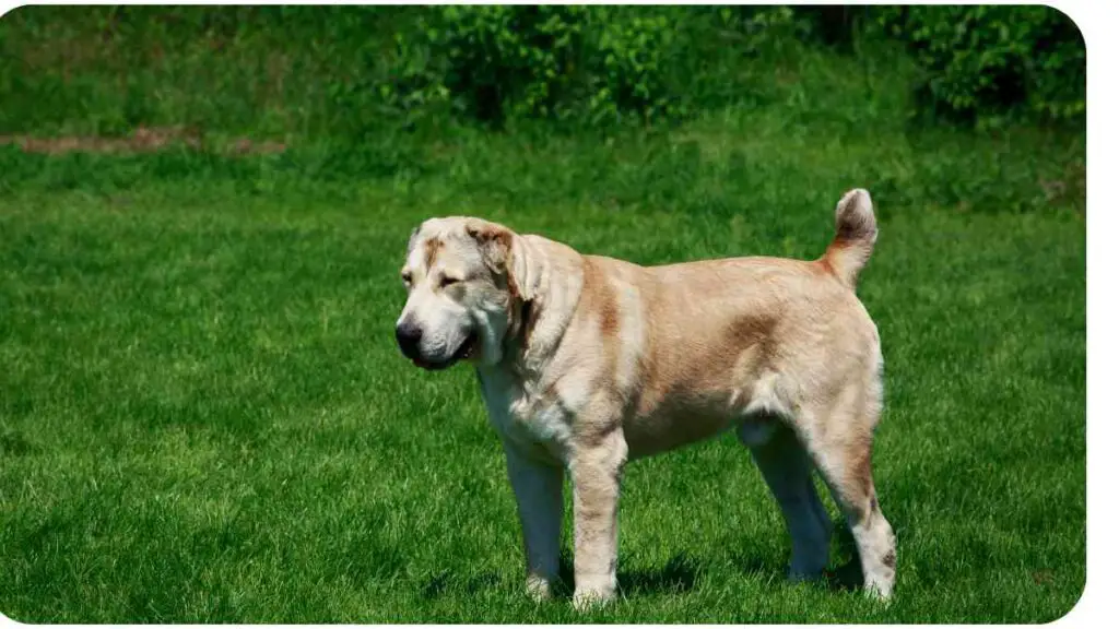 a large brown dog standing in the middle of a grassy field